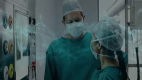 two surgeons examining medical gas panel in operating room, showing holographic network overlay. Medical, technology, innovation, healthcare, futuristic, teamwork, professional - Powered by Shutterstock - Get 15% off with code: PIKWIZARD15