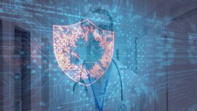 Male doctor standing in healthcare corridor, showing animated data streams and shield security icon. Healthcare, medical, technology, professionalism, collaboration, security, data - Powered by Shutterstock - Get 15% off with code: PIKWIZARD15