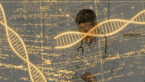 Male doctor reviewing clipboard in research lab, showing stethoscope and digital DNA helix diagrams. Medical, innovation, futuristic, biotechnology, technology, healthcare, science - Powered by Shutterstock - Get 15% off with code: PIKWIZARD15