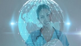 Female healthcare worker smiling behind holographic globe, showing health technology network data. Medical, technology, futuristic, networking, innovation, digital, professional - Powered by Shutterstock - Get 15% off with code: PIKWIZARD15