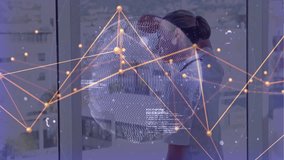 Businesswoman raising hand to forehead at office window, showing technology data network hologram. Futuristic, technology, innovation, connectivity, professional, cyber, visualization - Powered by Shutterstock - Get 15% off with code: PIKWIZARD15