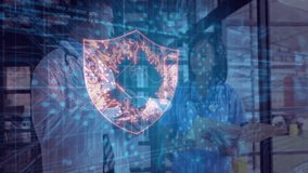 nurse holding patient files while doctor monitoring shield icon over data grid securing health data. Medical, cybersecurity, technology, collaboration, futuristic, professional, data - Powered by Shutterstock - Get 15% off with code: PIKWIZARD15