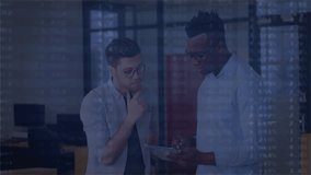 Two men collaborating over tablet in office, displaying tech analytics bars and numeric overlays. Collaboration, teamwork, modern, innovation, data, analytics, digital - Powered by Shutterstock - Get 15% off with code: PIKWIZARD15