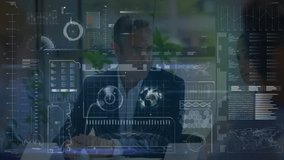 woman presenting holographic business charts on laptop while man listening with floating data grids. Technology, innovation, collaboration, analytics, futurism, corporate, professional - Powered by Shutterstock - Get 15% off with code: PIKWIZARD15