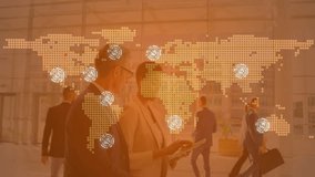 Two businessmen walking through airport lobby, displaying global connectivity map with data nodes. Technology, networking, connectivity, corporate, modern, professional, innovation - Powered by Shutterstock - Get 15% off with code: PIKWIZARD15