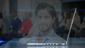 male colleague smiling at meeting table, viewing HUD overlay showing business graphs and code lists. Innovation, technology, collaboration, data visualization, professional, futuristic, business - Powered by Shutterstock - Get 15% off with code: PIKWIZARD15