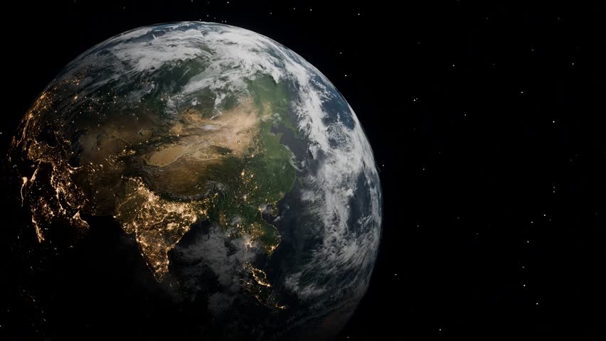 Planet Earth with visible Asia and the Middle East at night and glowing golden digital arrows in outer space. 3D render representing global data transmission and digital connection network