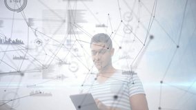 Man holding tablet interacting with network nodes overlay, showcasing technology data graphics. Technology, innovation, data, connectivity, futuristic, business, digital - Powered by Shutterstock - Get 15% off with code: PIKWIZARD15