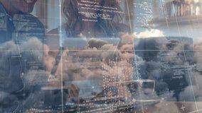 software developers collaborating over smartphone in office, displaying code and cloud graphics. Collaboration, partnership, innovation, technology, modern, digital, networking - Powered by Shutterstock - Get 15% off with code: PIKWIZARD15