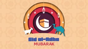 Looping 4K animation for Eid al-Adha featuring a Kaaba, crescent moon, goat, and camel with hanging lanterns. Festive Islamic greeting with layered paper-cut style and vibrant colors. - Powered by Shutterstock - Get 15% off with code: PIKWIZARD15