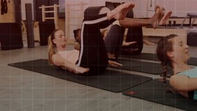 Six women performing pilates core workout on mats, with floating turquoise bar graph overlay. Fitness, wellness, choreography, movement, harmony, training, health - Powered by Shutterstock - Get 15% off with code: PIKWIZARD15