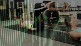 Group of women lifting legs and torsos in Pilates studio, showing green red data overlays. Fitness, wellness, groupclass, healthy lifestyle, interior, dynamic, motivation - Powered by Shutterstock - Get 15% off with code: PIKWIZARD15