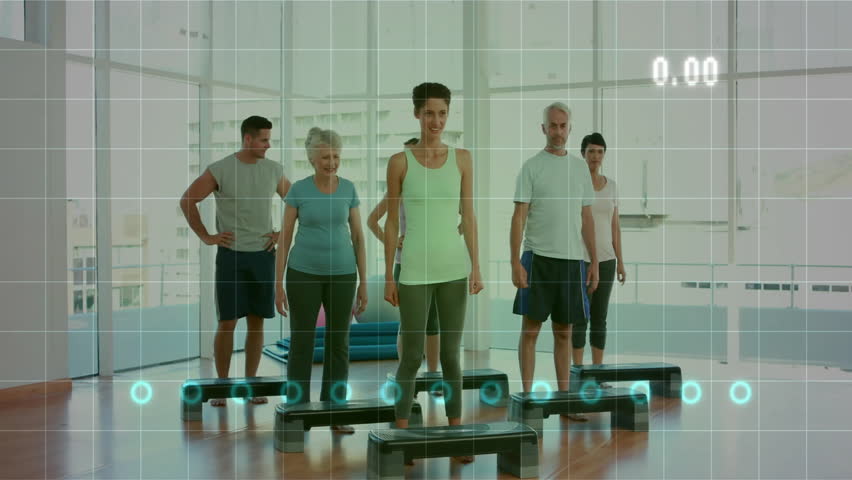 Group of six participants stepping on platforms in fitness studio, showing blue HUD tracking. Dynamic, wellness, group, modern, active, technology, motivation