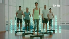 Group of six participants stepping on platforms in fitness studio, showing blue HUD tracking. Dynamic, wellness, group, modern, active, technology, motivation - Powered by Shutterstock - Get 15% off with code: PIKWIZARD15