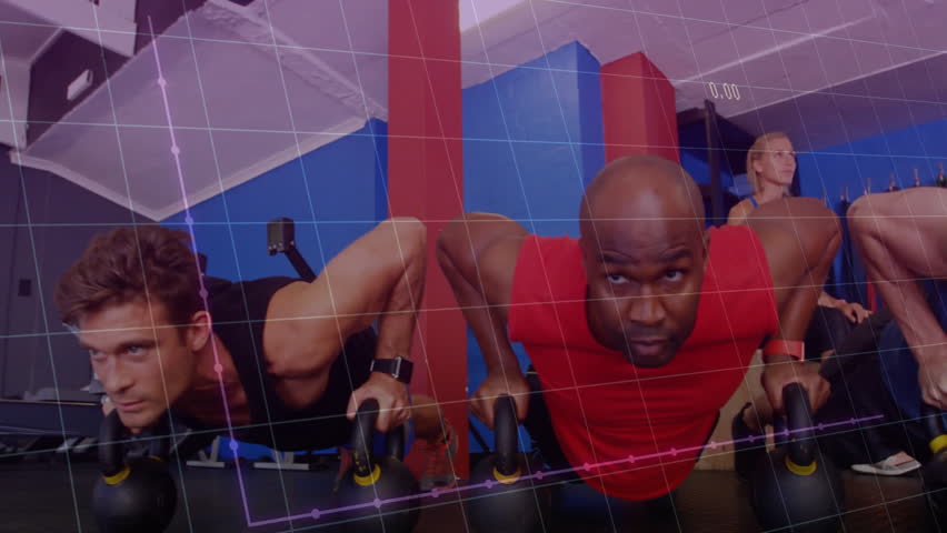 Workout partners performing kettlebell push-ups in fitness studio, with animated strength chart. Strength, training, fitness, motivation, sports, workout, endurance - Powered by Shutterstock - Get 15% off with code: PIKWIZARD15