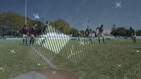 Group of rugby players sprinting on grass pitch, showing sports analytics overlay. Athletes, teamwork, sportswear, outdoor, fitness, competition, motion - Powered by Shutterstock - Get 15% off with code: PIKWIZARD15