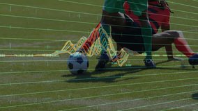 Male attacker dribbling soccer ball on grass field, showing tech analytics grid and waveform graphs. Athletics, teamwork, data visualization, outdoor, vibrant, competition, sports science - Powered by Shutterstock - Get 15% off with code: PIKWIZARD15