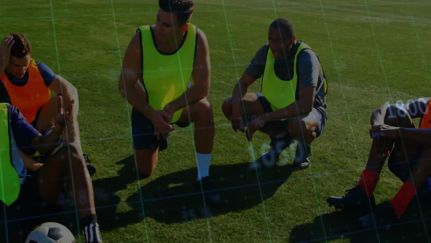Male soccer players practicing drills on grass field, with animated tactic icons floating above. Athletic, teamwork, training, energetic, outdoor, sport, collaboration
