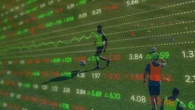 Five soccer players practicing drill outdoors, overlaying finance line graphs and numeric data. Athletes, teamwork, performance, analysis, outdoor, vitality, strategy - Powered by Shutterstock - Get 15% off with code: PIKWIZARD15