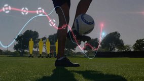 Soccer player dribbling ball near mannequin during sports training, with animated graph overlay. Athletic, training, outdoor, teamwork, performance, sportswear, competition - Powered by Shutterstock - Get 15% off with code: PIKWIZARD15
