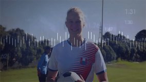 female soccer player holding ball on grass field, with financial candlestick charts floating. Athletic, teamwork, data-driven, competitive, modern, fitness, strategy - Powered by Shutterstock - Get 15% off with code: PIKWIZARD15