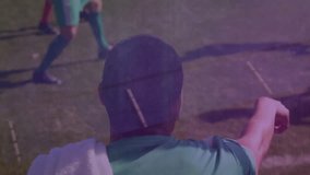 Soccer players sprinting toward ball on pitch, showing sports analytics with 3D bar chart overlay. Athletics, competition, visualization, data, dynamics, performance, teamwork - Powered by Shutterstock - Get 15% off with code: PIKWIZARD15