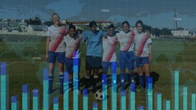 female soccer players linking arms on outdoor field for sports data, displaying world-map overlay. Athletics, teamwork, resilience, outdoor, vibrant, camaraderie, exercise - Powered by Shutterstock - Get 15% off with code: PIKWIZARD15