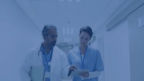 Nurse walking alongside doctor reviewing tablet in hospital corridor, overlaying digital DNA helix. Medical, healthcare, technology, research, professionalism, collaboration, clinical - Powered by Shutterstock - Get 15% off with code: PIKWIZARD15