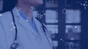 woman doctor wearing lab coat and stethoscope closing eyes in lab, displaying molecular graphics. Medical, healthcare, science, innovation, research, technology, clinical - Powered by Shutterstock - Get 15% off with code: PIKWIZARD15