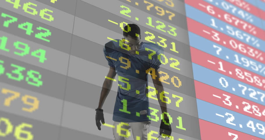 Football player standing in profile, displaying real-time digital numbers in sports analytics tech. Athlete, sports, technology, performance, futuristic, strength, energy