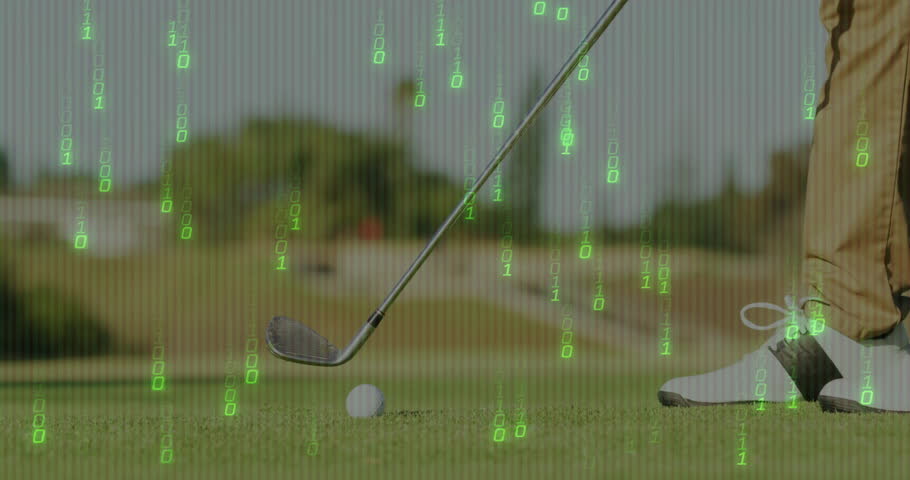 Golfer positioning iron club behind ball on turf, overlay showing binary code in sports technology. Sports, technology, outdoors, precision, competition, innovation, athleticism