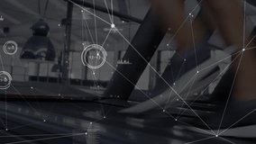 three exercisers running on treadmills at modern gym, with network lines and performance charts. Fitness, cardio, strength, digital, innovation, wellness, training - Powered by Shutterstock - Get 15% off with code: PIKWIZARD15