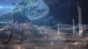 woman crouching in start position outdoors with glowing lines and nodes showing sports technology. Athletic, innovation, dynamic, technology, futurism, determination, speed - Powered by Shutterstock - Get 15% off with code: PIKWIZARD15