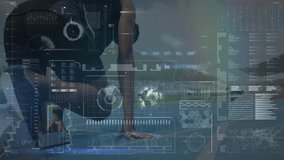 male athlete launching from starting blocks on track, displaying animated sports tech data overlays. Performance, analytics, biomechanics, fitness, digital, competition, training - Powered by Shutterstock - Get 15% off with code: PIKWIZARD15