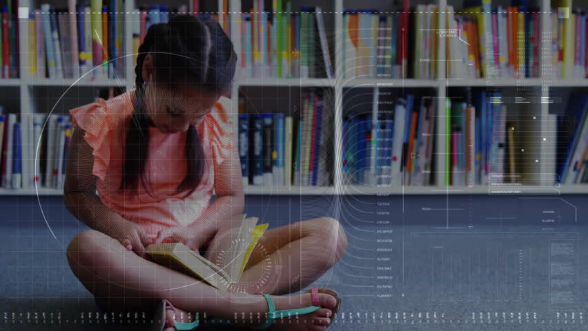 girl reading book on carpeted floor in learning space, showing digital HUD overlays. Kids, education, library, playful, vibrant, curiosity, learning