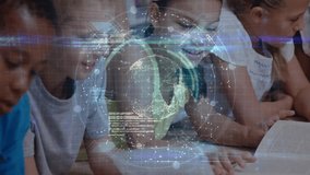 students exploring education technology in classroom using open book, hologram globe, network nodes. Children, learning, innovation, education, collaboration, digital, futuristic - Powered by Shutterstock - Get 15% off with code: PIKWIZARD15