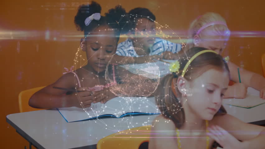 Children writing and reading in classroom, showing AR education data nodes and scrolling code. Education, technology, learning, innovation, digital, classroom, youthful - Powered by Shutterstock - Get 15% off with code: PIKWIZARD15