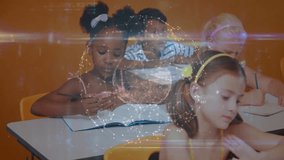 Children writing and reading in classroom, showing AR education data nodes and scrolling code. Education, technology, learning, innovation, digital, classroom, youthful - Powered by Shutterstock - Get 15% off with code: PIKWIZARD15