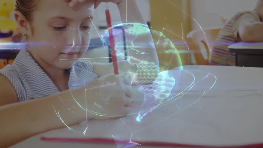Student boy drawing in education classroom, overlaying rotating holographic globe network lines. Education, technology, innovation, classroom, collaboration, creativity, stem - Powered by Shutterstock - Get 15% off with code: PIKWIZARD15