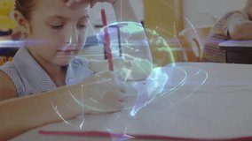 Student boy drawing in education classroom, overlaying rotating holographic globe network lines. Education, technology, innovation, classroom, collaboration, creativity, stem - Powered by Shutterstock - Get 15% off with code: PIKWIZARD15