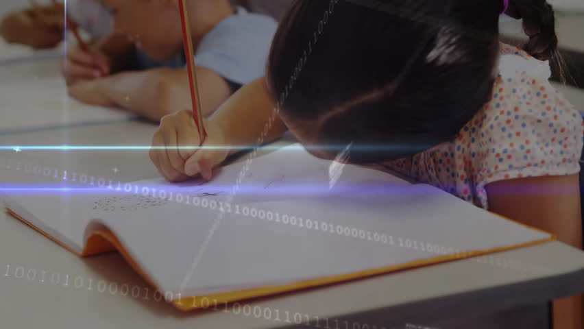 Teacher guiding students in education scene, showing animated binary code and light flares. Learning, youth, mentorship, innovation, classroom, collaboration, creativity - Powered by Shutterstock - Get 15% off with code: PIKWIZARD15
