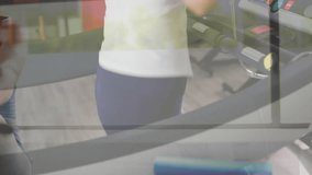 woman running on treadmill in home gym, with animated fitness metrics floating above console. Fitness, exercise, cardio, wellness, motivation, vitality, training - Powered by Shutterstock - Get 15% off with code: PIKWIZARD15