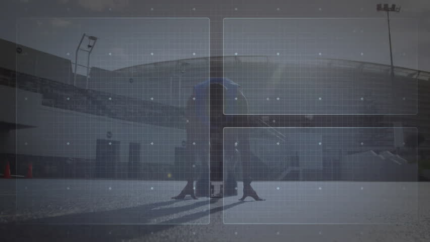 Business travelers walking ramp beside jet, displaying animated radar, world map and line charts. Corporate, innovation, technology, travel, modern, professional, dynamic - Powered by Shutterstock - Get 15% off with code: PIKWIZARD15