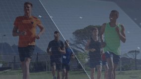 group of male joggers running outdoors, overlaying health tech interface with grid and data points. Fitness, teamwork, technology, nature, vitality, sportswear, innovation - Powered by Shutterstock - Get 15% off with code: PIKWIZARD15