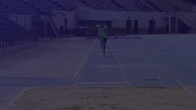 Male athlete performing high knee hops on sports court, with holographic fitness charts floating. Fitness, technology, innovation, training, data visualization, sports, performance - Powered by Shutterstock - Get 15% off with code: PIKWIZARD15