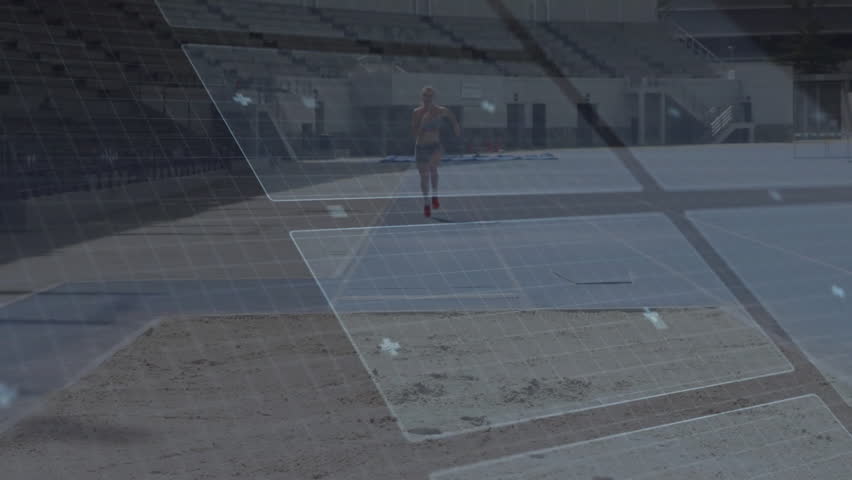 female athlete sprinting on track in sports technology demo, displaying AR metrics charts. Performance, fitness, futuristic, sport, motion, digital, activewear