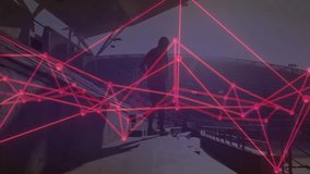 athlete standing on stadium steps at dusk, with neon network lines connecting technology data nodes. Sport, infrastructure, minimalism, innovation, futurism, fitness, architecture - Powered by Shutterstock - Get 15% off with code: PIKWIZARD15