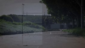 woman runner checking device in park path, with fitness data displaying as HUD graphs, bar charts. Athletic, fitness, outdoor, innovation, technology, motion, wellness - Powered by Shutterstock - Get 15% off with code: PIKWIZARD15