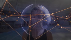 woman standing on outdoor court, displaying tech data sphere with glowing network nodes and code. Technology, innovation, cybersecurity, data visualization, digital, futurism, networking - Powered by Shutterstock - Get 15% off with code: PIKWIZARD15