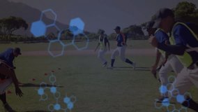 Sports team practicing baseball drill on grass field, featuring animated DNA helix and hex patterns. Athletics, training, teamwork, fitness, innovation, outdoor, competition - Powered by Shutterstock - Get 15% off with code: PIKWIZARD15